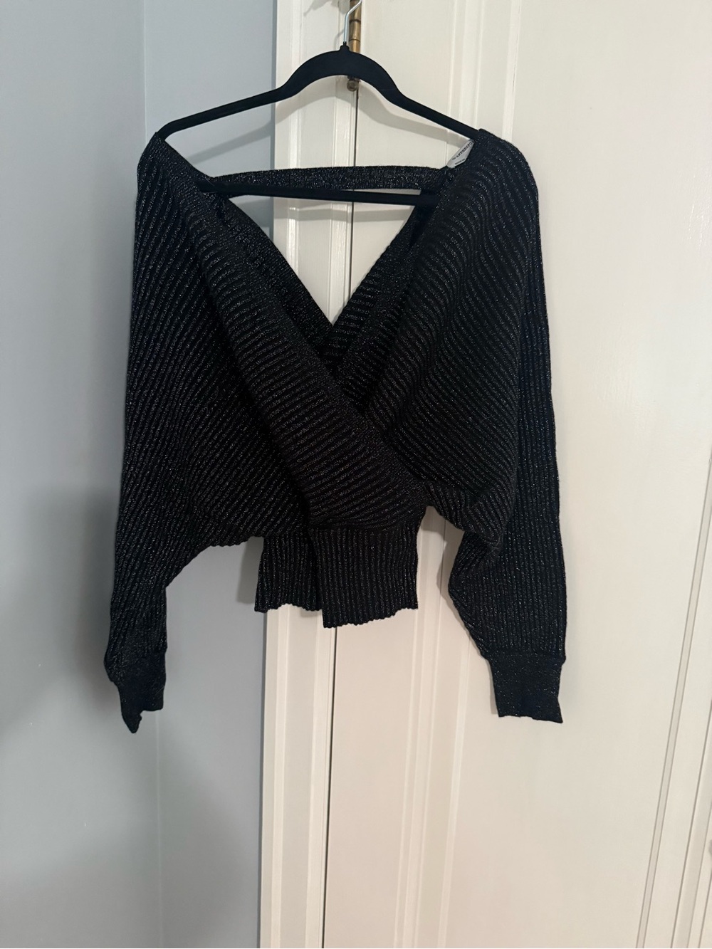 Anthropologie Black Metallic Off-the-Shoulder Wrap Sweater